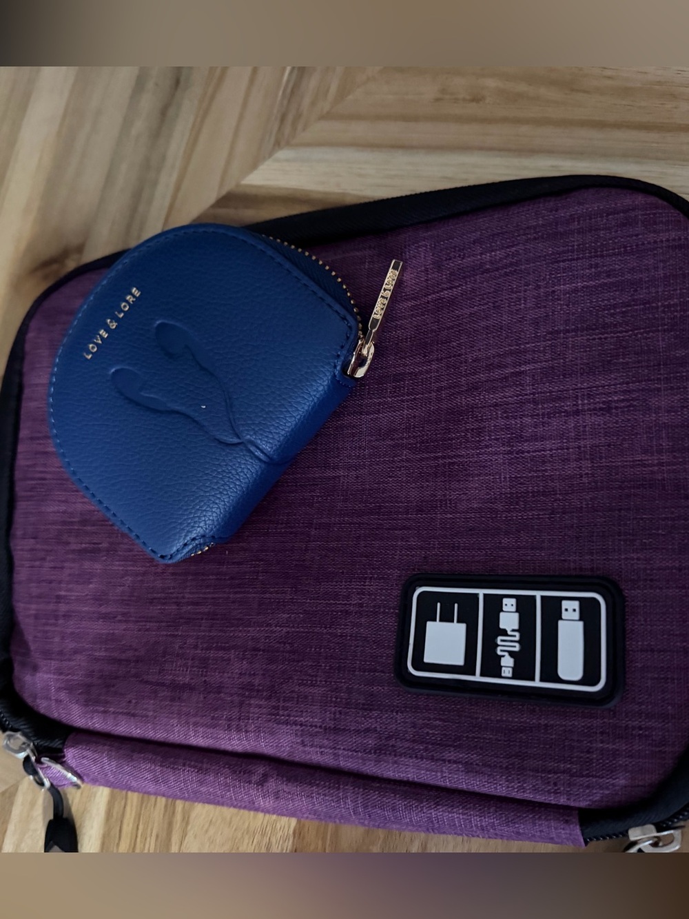 Blue Love & Lore Mini Headphone Pouch & Purple Travel Organizer for chargers